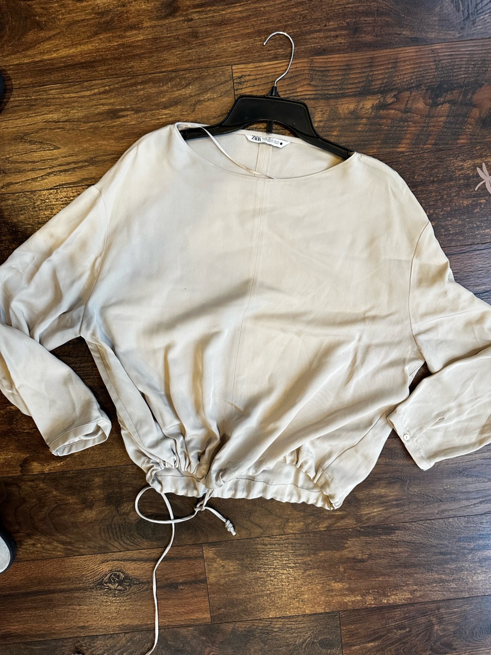 Zara Beige Drawstring Hem Long Sleeve Blouse